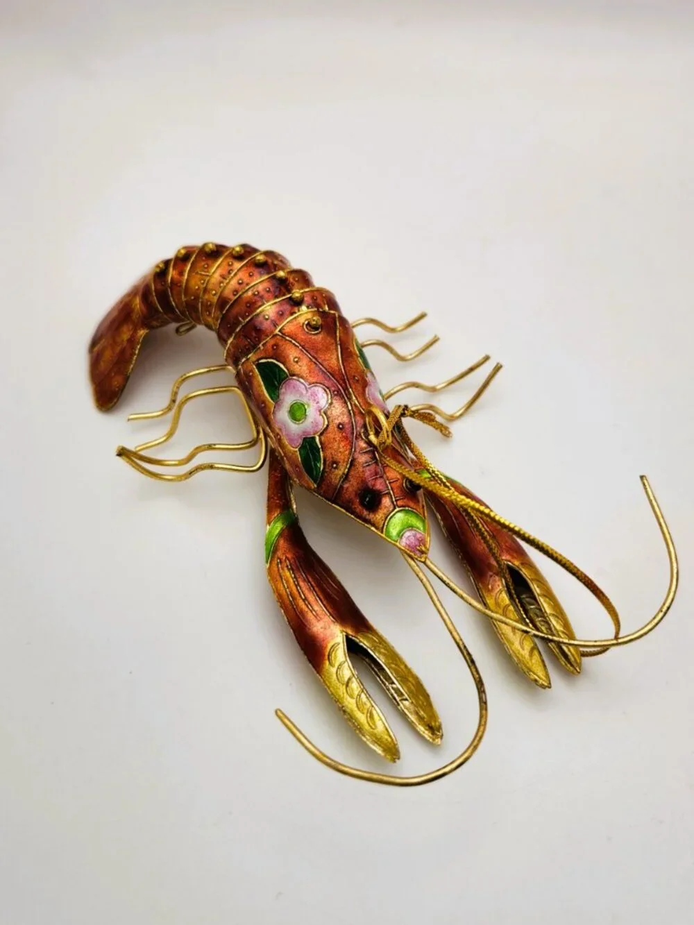Vintage Enamel Metal Lobster Crab Ornaments Cloisonne Style Articulated Pair